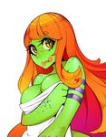  +_+ amphibian anthro big_hands breast_squish breasts cleavage clothed clothing covering covering_self female freckles frog green_skin hair halphelt neon_(scikosis) orange_hair simple_background white_background 