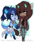  ambiguous_gender anthro bovine cattle chibi clothed clothing dtalvi duo feline hand_holding hybrid lion male mammal smile standing 