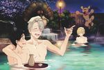  ^_^ absurdres arm_around_shoulder bathing black_hair blonde_hair blush brown_eyes cherry_blossoms choko_(cup) closed_eyes cup dog green_eyes hair_over_one_eye highres huge_filesize incredibly_absurdres jumping katsuki_yuuri kawamoto_mariko lantern makkachin male_focus multiple_boys nipples official_art onsen open_mouth partially_submerged scan silver_hair smile statue tanuki tokkuri tongue tongue_out towel towel_on_head tray tree viktor_nikiforov water yuri!!!_on_ice yuri_plisetsky 