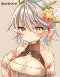  bare_shoulders breasts brown_background cleavage contemporary dragon_girl dragon_horns facial_mark green_eyes grey_hair hair_ornament heterochromia horns kaede_(p&amp;d) looking_at_viewer marshmallow_mille medium_breasts pointy_ears puzzle_&amp;_dragons short_hair simple_background solo sweater twitter_username yellow_eyes 