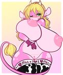  anthro areola big_breasts blonde_hair blush bovine breast_grab breast_suck breasts cattle clothing ear_tuft gradient_background green_eyes hair hand_on_breast horn huge_breasts legwear mammal nipples pink_areola pink_nipples pink_skin pussy ruby_(rubyluvcow) simple_background socks solo sucking tehbuttercookie tuft wide_hips 