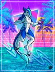  80s aesthetic aguarius anthro blue_fur floating fur male piercing sergal solo synthwave vaporwave white_fur 