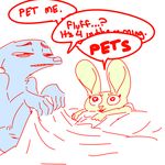  &lt;3 bed blue_fur buckteeth canine clothing disney fox fur half-closed_eyes half_naked inner_ear_fluff judy_hopps lagomorph long_ears mammal nick_wilde nobby on_bed rabbit sheet_(disambiguation) smile teeth text yellow_fur zootopia 