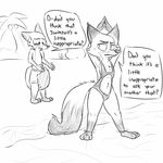  anthro beach blush canine clothing dialogue dipstick_ears dipstick_tail disney duo female fox fur hi_res male mammal monochrome mother mrs_wilde multicolored_tail nick_wilde parent seaside son speech_bubble sweat swimsuit text visiti water zootopia 