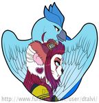  ambiguous_form ambiguous_gender anthro avian bird dtalvi duo facial_piercing feathered_wings feathers feline female mammal nose_piercing piercing smile wings 