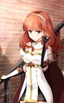  bare_shoulders black_gloves breasts celica_(fire_emblem) cleavage dress earrings eeryuu_(2004107) fingerless_gloves fire_emblem fire_emblem_echoes:_mou_hitori_no_eiyuuou gloves hand_in_hair highres jewelry long_hair medium_breasts red_eyes red_hair shadow signature smile solo stairs strapless strapless_dress tiara white_dress 