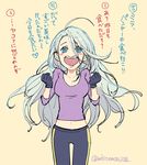  ahoge black_gloves blue_eyes breasts cleavage clenched_hands genderswap genderswap_(mtf) gloves heart-shaped_mouth long_hair medium_breasts open_mouth silver_hair smile solo translation_request viktor_nikiforov whitemop_jog yuri!!!_on_ice 