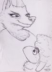  absurd_res anthro betty_(weaver) canine caprine clothed clothing disney duo female fur grin hi_res looking_down looking_up male mammal pack_street remmy_cormo sheep signature size_difference text traditional_media_(artwork) unknown_artist wolf wool zootopia 