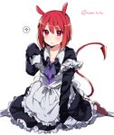  ? animal_ears apron arm_support blush demon_tail dress eyebrows eyebrows_visible_through_hair ikeuchi_tanuma long_sleeves looking_at_viewer maid maid_apron neck_ribbon off_shoulder original oversized_clothes red_eyes red_hair ribbon shoes short_hair simple_background sitting sleeves_past_fingers sleeves_past_wrists solo speech_bubble tail twitter_username white_background 