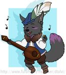 anthro banjo canine clothed clothing dtalvi eyes_closed fur hair hat male mammal musical_instrument open_mouth solo standing 
