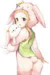  animal_costume ass back bangs blonde_hair blush brown_eyes bunny_costume commentary_request forehead highres holding holding_stuffed_animal ichihara_nina idolmaster idolmaster_cinderella_girls long_hair looking_at_viewer looking_back open_mouth simple_background smile solo stuffed_animal stuffed_bunny stuffed_toy umibouzu_(niito) white_background 