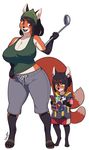  2017 anthro barefoot big_breasts black_hair breasts brown_eyes canine child cleavage clothed clothing comic_book daughter duo female footwear fox fur green_eyes hair hand_on_hip headscarf huge_breasts ladle lilirulu male mammal mature_female mother mother_and_daughter nipple_bulge open_mouth orange_fur parent sandals simple_background smile superhero white_background young 