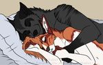  2017 anthro beard breasts canine dtalvi duo eyes_closed facial_hair female fur hair hug lying male male/female mammal nude on_side open_mouth sleeping smile white_fur 