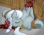  blood bound cub death decapitation equine eyes_closed fearingfun friendship_is_magic fur gore grey_fur mammal my_little_pony rope severed_head silver_spoon_(mlp) solo tears tongue urine watersports young 