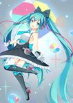  :d absurdly_long_hair absurdres black_bow black_footwear blue_eyes blue_hair blue_neckwear blue_ribbon boots bow breasts dress full_body gloves hair_bow hair_ornament hatsune_miku high_heels highres jyt knee_boots leg_up long_hair looking_at_viewer magical_mirai_(vocaloid) medium_breasts necktie open_mouth ribbon short_necktie sideboob smile solo thighhighs twintails very_long_hair vocaloid white_gloves white_legwear 