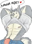  abs black_eyes canine citrusification clothing fur grey_fur male male/male mammal muscular nipples toples underwear undressing wolf 