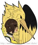  ambiguous_gender avian beak bird clothed clothing dtalvi duo facial_piercing feathered_wings feathers female feral hair human mammal nose_piercing piercing simple_background smile stork wings 