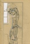  anthro athletic briefs bulge canine caught clothed clothing coyote doorframe looking_at_viewer male mammal monochrome muscular nipples pants_down partially_clothed pecs pencil_(artwork) raised_arm shorts solo traditional_media_(artwork) tush underwear undressing 