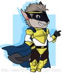  ambiguous_species anthro armor chibi clothed clothing dtalvi fangs fur hair male smile solo standing teeth 