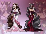  2017 amber_eyes anthro black_hair bottle breasts brown_hair canine cleavage clothed clothing demon dress duo eyeshadow female fox hair japanese_clothing kimono maiden makeup mammal mask scroll sibling toughset twins 