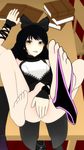  1girl 3d anus ass barefoot black_hair blake_belladonna book bottomless bow chair covering eye_liner eye_shadow feet long_hair looking_at_viewer lvl3toaster on_table open_mouth panties rwby smile soles toe_nails toes yellow_eyes 