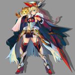  animal animal_on_shoulder blonde_hair blue_eyes cape cat faulds feathers hat high_heels highres navel peroshi_(graphic_loops) stomach sword weapon 