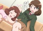  :d ^_^ brown_hair chop closed_eyes couch hair_ornament hairclip hibike!_euphonium kneehighs kosyooka multiple_girls no_shoes open_mouth oumae_kumiko oumae_mamiko panties pantyshot pleated_skirt school_uniform siblings sisters skirt smile translated underwear white_legwear white_panties younger 