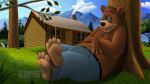  4_toes anthro barefoot barney_bear belly belt berefoot big_belly black_nose brown_fur cabin claws clothed clothing dj-rodney feet fur hanna&ndash;barbera hi_res male mammal overweight overweight_male paws sleeping solo toes tree ursine window 