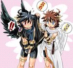  !! 2boys bike_shorts black_hair blue_eyes blush bracer brown_hair covering dark_pit flying_sweatdrops karasuma_pink kid_icarus kid_icarus_uprising laurel_crown looking_at_another male_focus multiple_boys open_mouth pit_(kid_icarus) red_eyes spoken_exclamation_mark wings 