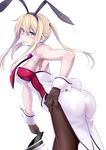  adapted_costume alternate_costume animal_ears arm_at_side armpits ass back-seamed_legwear black_gloves black_legwear blonde_hair blush breasts bunny_ears bunny_girl bunny_tail bunnysuit cowboy_shot detached_collar embarrassed fake_animal_ears from_behind gloves graf_zeppelin_(kantai_collection) hair_between_eyes hairband hand_on_hip hat hat_removed head_tilt headwear_removed highres kantai_collection kurihara_kenshirou large_breasts leaning_forward long_hair looking_at_viewer necktie pantyhose peaked_cap red_neckwear seamed_legwear simple_background solo tail twintails white_background 