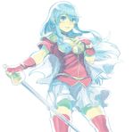  aisutabetao blue_hair eirika fire_emblem fire_emblem:_seima_no_kouseki highres holding holding_weapon long_hair looking_at_viewer open_mouth rapier simple_background solo sword weapon white_background 