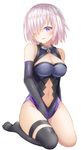  bad_id bad_pixiv_id bangs between_legs black_gloves black_legwear black_leotard blush breasts cleavage commentary_request elbow_gloves eyebrows_visible_through_hair fate/grand_order fate_(series) full_body gloves hair_over_one_eye hand_between_legs highres large_breasts lavender_hair leotard looking_at_viewer mash_kyrielight navel navel_cutout parted_lips purple_eyes seiza shimo_(shimo_00) short_hair simple_background single_thighhigh sitting smile solo thigh_strap thighhighs thighs white_background 