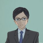  akagi_(fmttps) bad_id bad_pixiv_id black_hair black_suit blue_background formal frown girls_und_panzer glasses grey_eyes male_focus simple_background solo suit tsuji_renta 