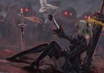  august_ice bird black_dress black_footwear black_gloves black_legwear blindfold boots breasts dress gloves glowing glowing_eyes hairband high_heel_boots high_heels katana medium_breasts mole mole_under_mouth nier_(series) nier_automata rain red_eyes short_hair sitting sword thigh_boots thighhighs weapon yorha_no._2_type_b 