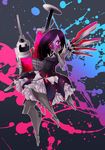  1girl alien battleborn beatrix_(battleborn) black_hair breasts cyborg dress full_body lolita_fashion long_hair mechanical_arm mechanical_eye mechanical_legs purple_skin red_eyes sharp_teeth smile solo wings 