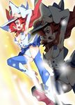  boots cape hat inazuma_kick little_witch_academia onnaski panties red_eyes red_hair shiny_chariot skirt solo thigh_boots thighhighs underwear white_panties witch witch_hat zoom_layer 