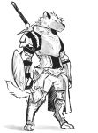  ambiguous_gender anthro armor breastplate buckler claws clothed clothing dungeons_&amp;_dragons fur gauntlets gloves gnoll greaves greyscale hyena mammal melee_weapon monochrome paladin pathfinder sheathed_weapon shield simple_background solo spots spotted_fur standing sword tabard tohfu weapon white_background 