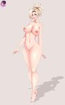  1girl areolae artist_name blonde_hair blue_eyes breasts collarbone eyebrows_visible_through_hair eyes_visible_through_hair feet law-zilla lips looking_at_viewer mercy_(overwatch) navel nipples nude overwatch pussy simple_background solo toes uncensored 