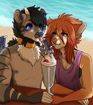  anthro beach beverage canine clothed clothing collar dtalvi duo feline female food fur hair male mammal outside seaside sitting whipped_cream 