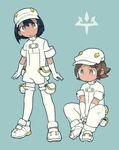  1girl :o aether_foundation_employee bangs black_hair blue_background brown_eyes brown_hair cabbie_hat chibi dark_skin full_body gloves hair_between_eyes hat highres pantyhose pocket pokemon pokemon_(game) pokemon_sm rifu_(hunihuni1130) short_hair short_sleeves simple_background white_gloves white_hat 