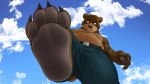  4_toes anthro belly belt berefoot big_belly big_feet black_nose bottom_view brown_fur claws clothed clothing dj-rodney feet first_person_view fur hi_res looking_at_viewer male mammal overweight overweight_male paws solo solo_focus stomping toe_claws toes ursine 