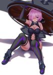  absurdres bare_shoulders black_gloves black_legwear breasts cleavage elbow_gloves fate/grand_order fate_(series) gloves hair_over_one_eye highres hitotsuki_nebura large_breasts mash_kyrielight navel purple_eyes purple_hair shadow short_hair simple_background sitting solo sweat thigh_strap thighhighs white_background 