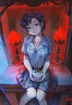  candle detention_(game) fang_ray_shin food looking_at_viewer offering pleated_skirt school_uniform short_sleeves sibyl sitting skirt solo 