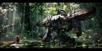  animal_ears blurry commentary highres jean_popo jungle letterboxed light_rays lily_pad mecha nature original plant realistic ruins scenery science_fiction severed_arm severed_limb solo sunlight swamp sword tree vines water weapon wreckage 