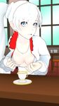  1girl 3d blue_eyes breasts cafeteria cup earring flashing high_collar long_hair long_sleeves looking_at_viewer lvl3toaster necklace nipples open_mouth rwby scar shirt_pull side_ponytail small_breasts smile table teacup upper_body weiss_schnee white_hair window 