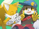  anthro baseball_cap belt canine clothed clothing cub cute_fangs duo english_text featureless_crotch fox gesture hat klonoa klonoa_(series) lagomorph leaning leaning_forward looking-at_viewer male mammal miles_prower mostly)nude one_eye_closed open_mouth rabbit simple_background sitting smile sonic_(series) text topless wink young zacks123 