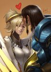  2girls armor black_hair blonde_hair bodysuit braid breastplate breasts brown_hair closed_eyes closed_mouth dark_skin dated eyelashes forehead_kiss gloves hair_tubes headgear heart helmet kiss lips long_sleeves mechanical_halo mechanical_wings medium_breasts mercy_(overwatch) multiple_girls nose overwatch pharah_(overwatch) power_armor power_suit shawn_fox short_hair side_braids signature skin_tight smile turtleneck wings yellow_wings yuri 