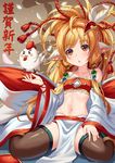  animal animal_ears asymmetrical_hair bandeau bare_shoulders bird black_legwear blonde_hair breasts chicken collarbone detached_sleeves feathers granblue_fantasy hair_ornament highres long_hair looking_at_viewer mahira_(granblue_fantasy) midriff navel pelvic_curtain red_eyes sitting small_breasts solo tako_seijin thighhighs thighs wariza wide_sleeves 