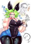  1girl 2017 akira_toriyama angry animal_ears breasts broly bunnysuit cleavage clenched_teeth covered_navel dated dragon_ball dragon_ball_super fake_animal_ears genderswap genderswap_(mtf) green_hair large_breasts leotard super_saiyan thick_thighs wide_hips 