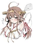  ahoge armpits blush breasts brown_hair collarbone detached_sleeves double_bun embarrassed eyebrows_visible_through_hair hand_behind_head headgear kantai_collection kongou_(kantai_collection) long_hair medium_breasts nontraditional_miko out_of_frame purple_eyes remodel_(kantai_collection) sketch solo_focus touching tsukineko upper_body 
